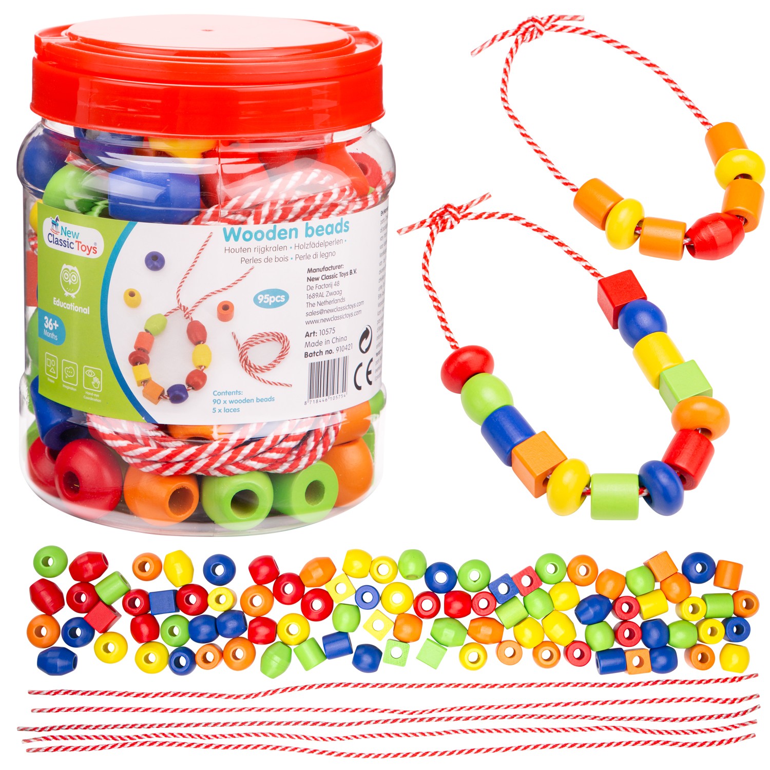 Wooden NEW IN BOX FUN FACTORY Lacing Beads in a Jar 90 pieces 