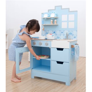 Eitech New Classic Toys Küchenzeile Kinderküche Delfter Blau Spielküche aus Holz 