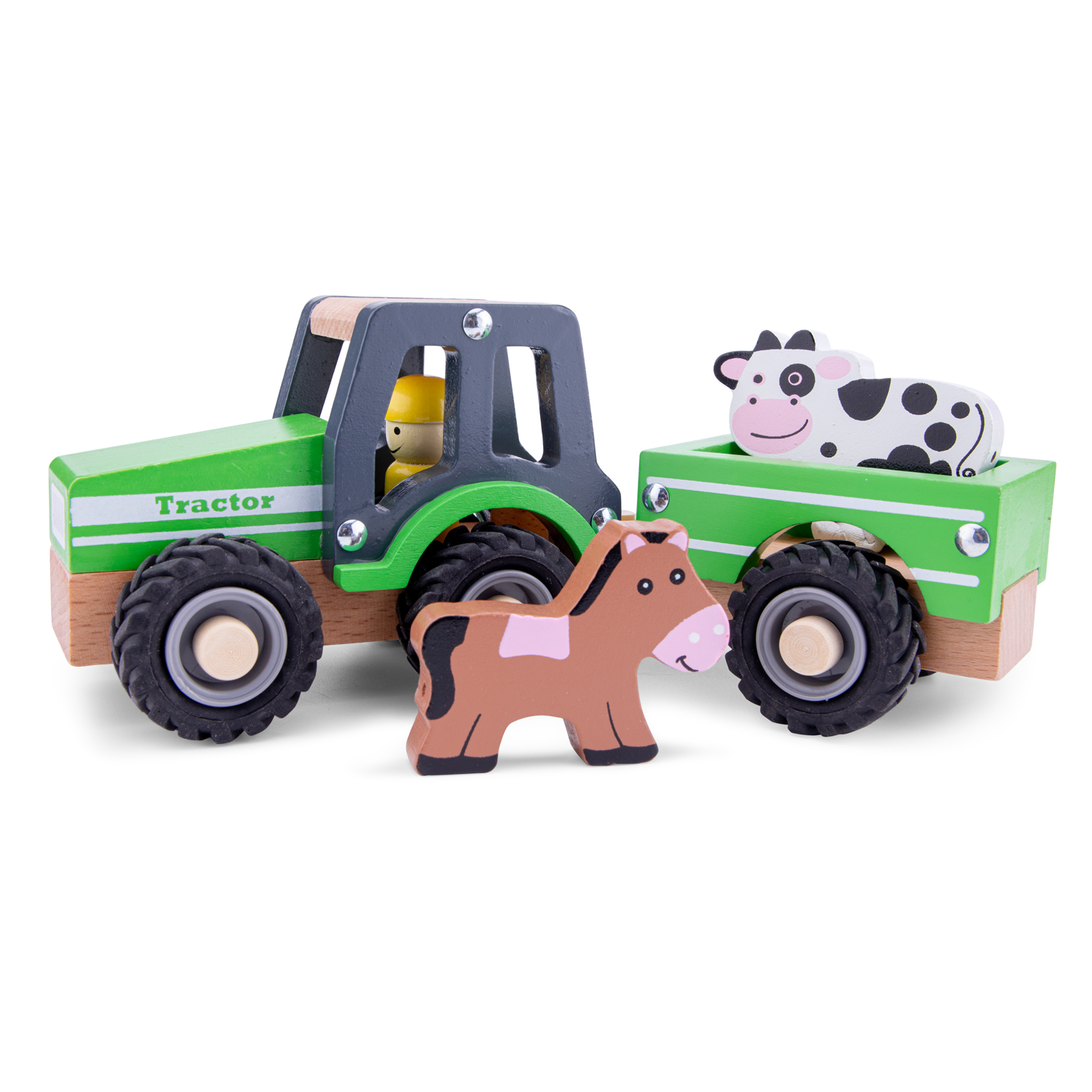New Classic Toys Wooden Tractor with Trailer and Milk Bottles for Children 18 Months and Up Boys and Girls Baby Gifts 