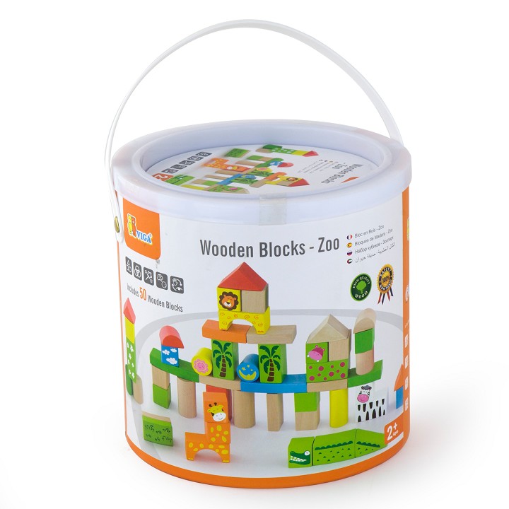 Viga Toys Building Blocks In A Drum Zoo 50 Pieces
