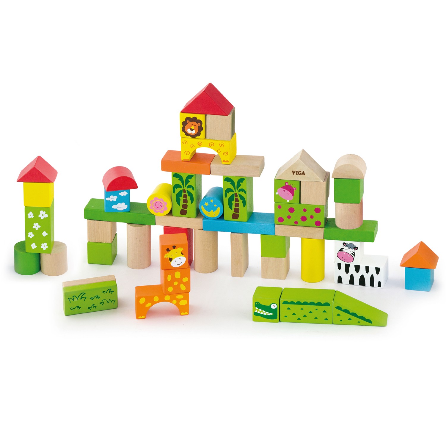 Viga Toys Building Blocks In A Drum Zoo 50 Pieces